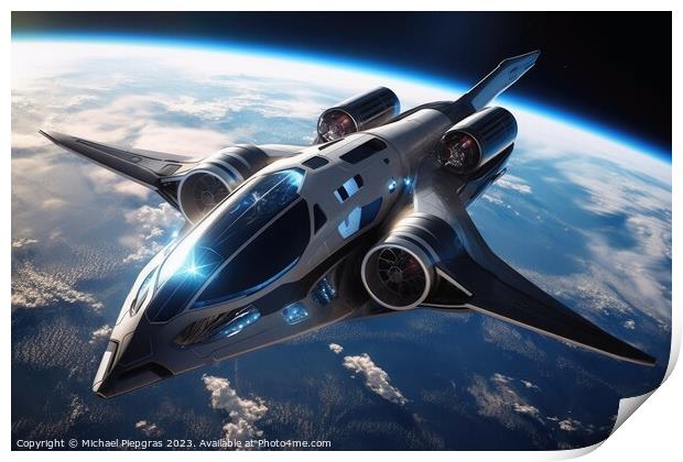 A futuristic aircraft in space with planet earth in the backgrou Print by Michael Piepgras