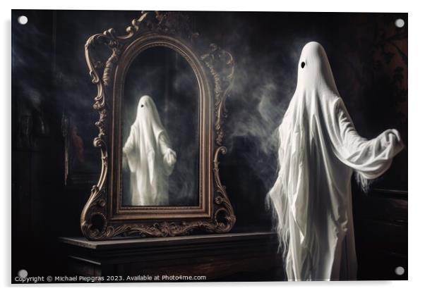 A ghost coming out of an old mirror created with generative AI t Acrylic by Michael Piepgras