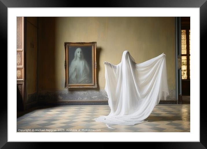 A ghost in an old room created with generative AI technology. Framed Mounted Print by Michael Piepgras