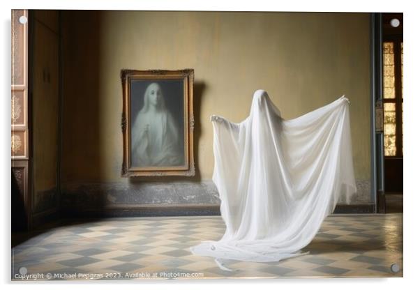 A ghost in an old room created with generative AI technology. Acrylic by Michael Piepgras