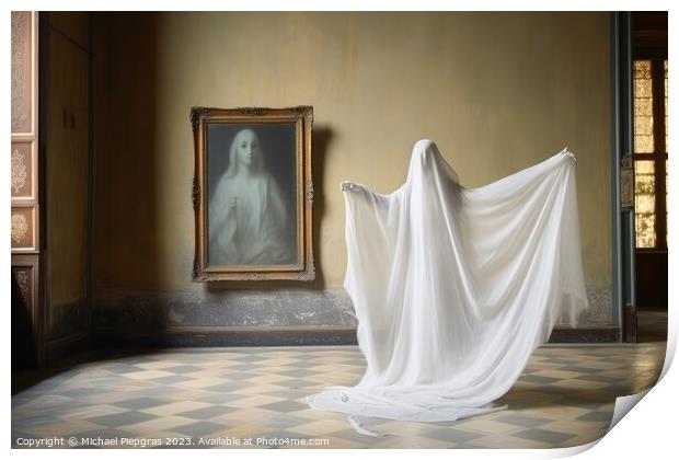 A ghost in an old room created with generative AI technology. Print by Michael Piepgras
