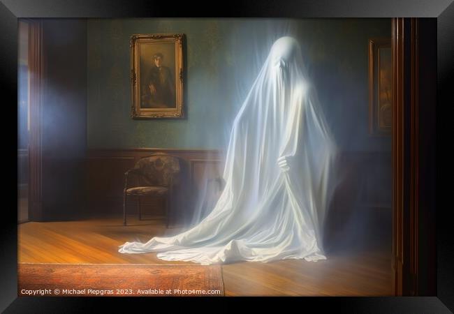 A ghost in an old room created with generative AI technology. Framed Print by Michael Piepgras