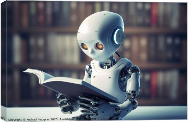 A kid AI Robot reading a book created with generative AI technol Canvas Print by Michael Piepgras
