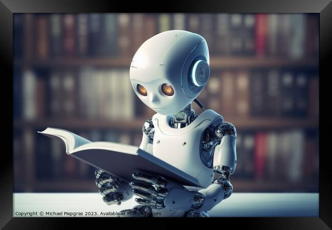 A kid AI Robot reading a book created with generative AI technol Framed Print by Michael Piepgras