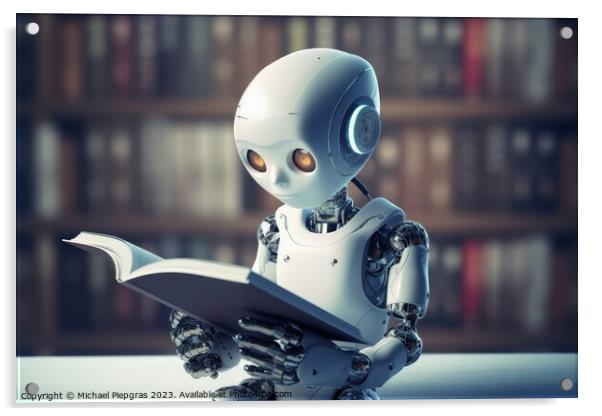 A kid AI Robot reading a book created with generative AI technol Acrylic by Michael Piepgras