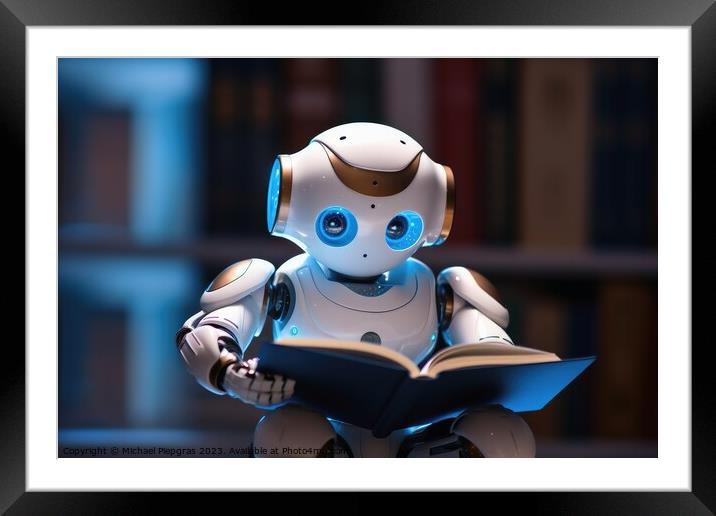 A kid AI Robot reading a book created with generative AI technol Framed Mounted Print by Michael Piepgras