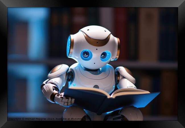A kid AI Robot reading a book created with generative AI technol Framed Print by Michael Piepgras