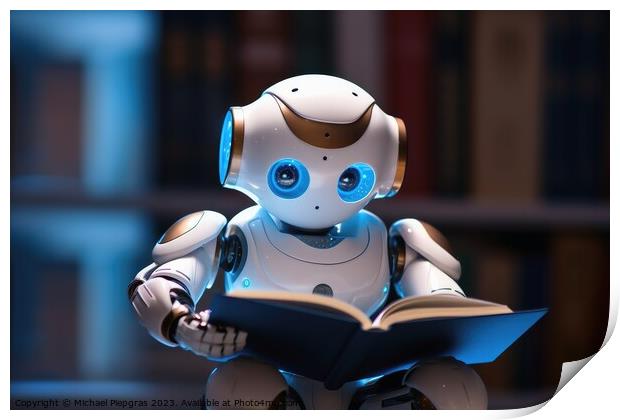 A kid AI Robot reading a book created with generative AI technol Print by Michael Piepgras