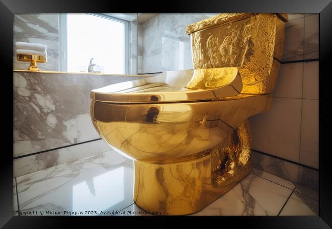 A luxurious toilet made of pure gold created with generative AI  Framed Print by Michael Piepgras
