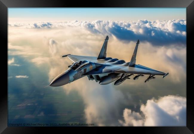 A military jet in the air created with generative AI technology. Framed Print by Michael Piepgras