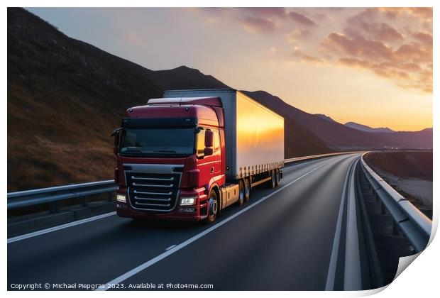 A modern truck on a highway created with generative AI technolog Print by Michael Piepgras