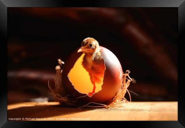 A new born bird looking out of an egg shell created with generative AI technology Framed Print by Michael Piepgras