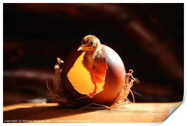 A new born bird looking out of an egg shell created with generative AI technology Print by Michael Piepgras