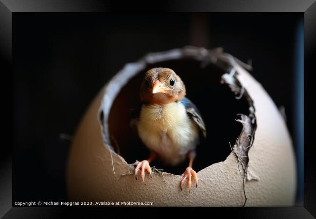 A new born bird looking out of an egg shell created with generative AI technology Framed Print by Michael Piepgras
