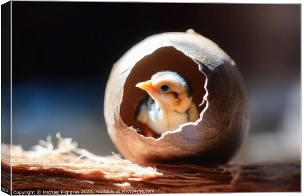 A new born bird looking out of an egg shell created with generative AI technology Canvas Print by Michael Piepgras