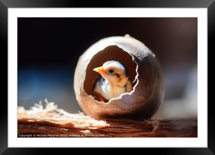 A new born bird looking out of an egg shell created with generative AI technology Framed Mounted Print by Michael Piepgras