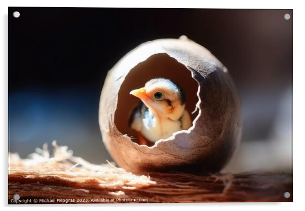 A new born bird looking out of an egg shell created with generative AI technology Acrylic by Michael Piepgras
