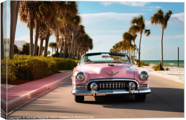 A pink caddilac on a road with palm trees at florida beach creat Canvas Print by Michael Piepgras