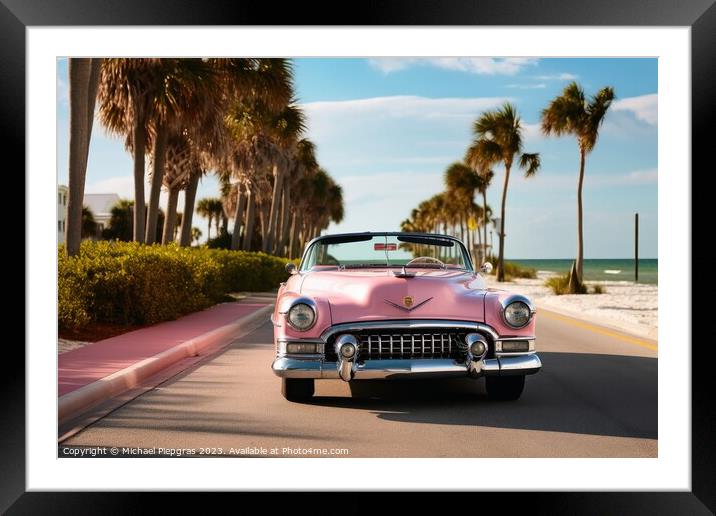 A pink caddilac on a road with palm trees at florida beach creat Framed Mounted Print by Michael Piepgras