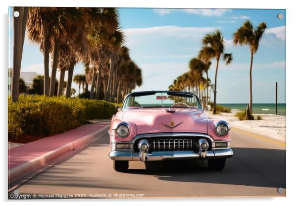 A pink caddilac on a road with palm trees at florida beach creat Acrylic by Michael Piepgras