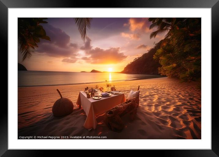 A romantic picnic on a tropical beach at sunset created with gen Framed Mounted Print by Michael Piepgras