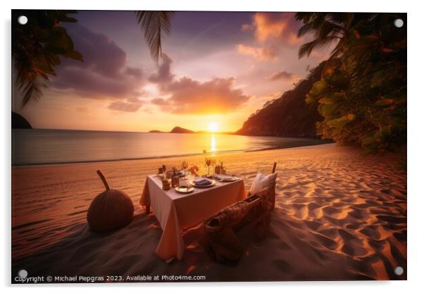 A romantic picnic on a tropical beach at sunset created with gen Acrylic by Michael Piepgras