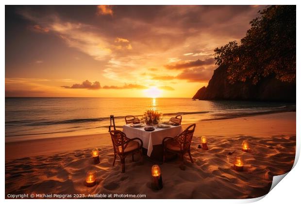 A romantic picnic on a tropical beach at sunset created with gen Print by Michael Piepgras