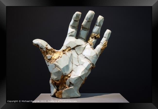 A sculpture of a broken human hand created with generative AI te Framed Print by Michael Piepgras