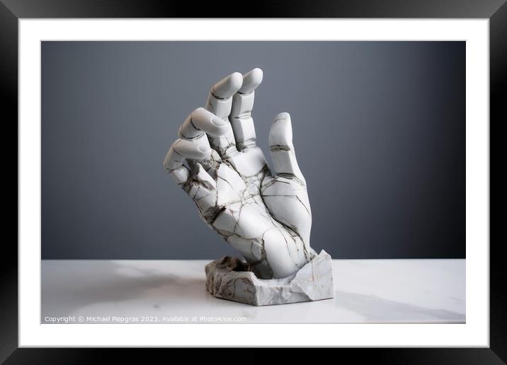 A sculpture of a broken human hand created with generative AI te Framed Mounted Print by Michael Piepgras