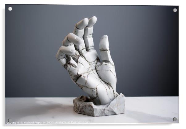 A sculpture of a broken human hand created with generative AI te Acrylic by Michael Piepgras