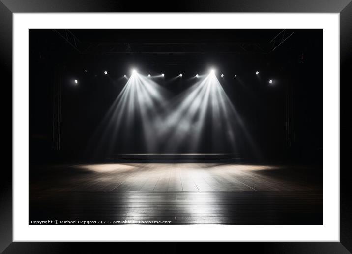 A stage with spotlight created with generative AI technology. Framed Mounted Print by Michael Piepgras