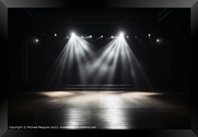 A stage with spotlight created with generative AI technology. Framed Print by Michael Piepgras