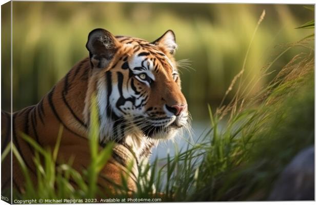 A strong tiger in the high grass at a river created with generat Canvas Print by Michael Piepgras