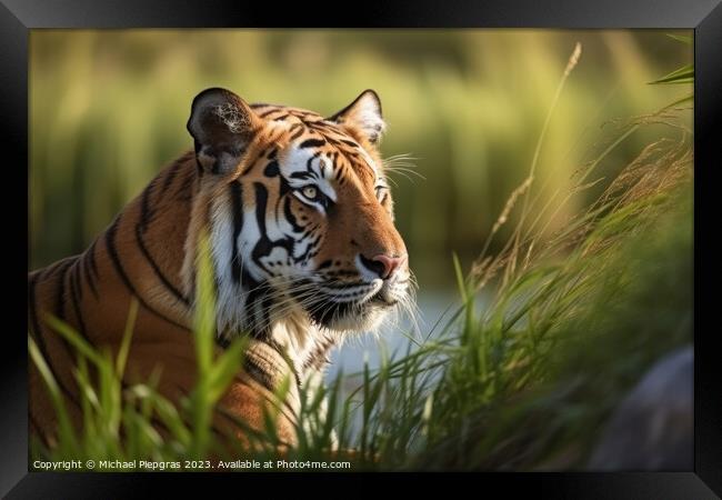 A strong tiger in the high grass at a river created with generat Framed Print by Michael Piepgras