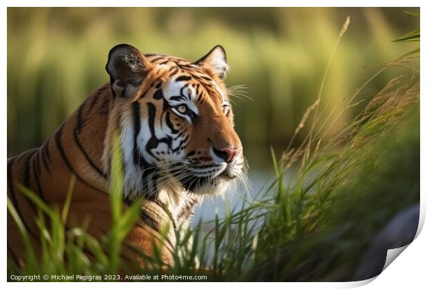 A strong tiger in the high grass at a river created with generat Print by Michael Piepgras