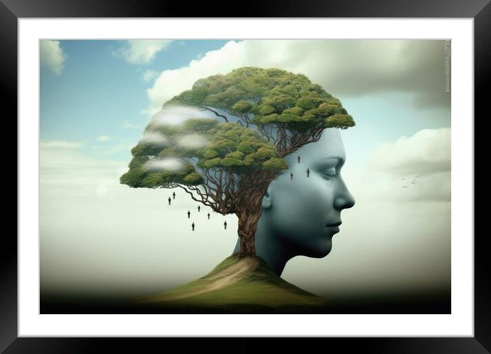 A surreal artwork of humans and landscapes created with generative AI technology Framed Mounted Print by Michael Piepgras