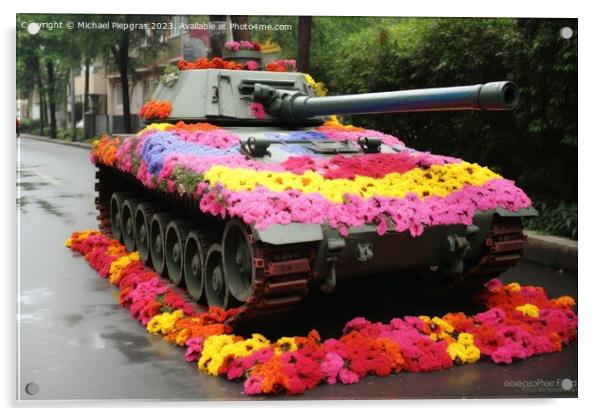 A tank on which many colourful flowers grow created with generat Acrylic by Michael Piepgras