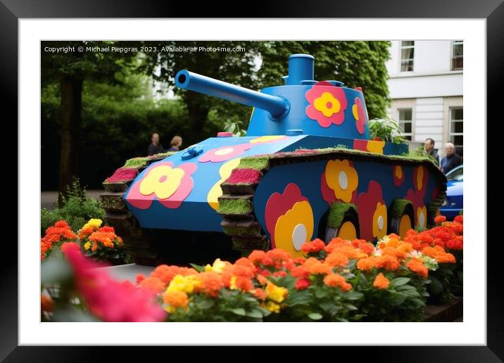 A tank on which many colourful flowers grow created with generat Framed Mounted Print by Michael Piepgras