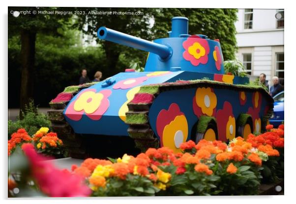 A tank on which many colourful flowers grow created with generat Acrylic by Michael Piepgras