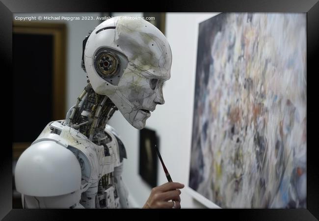 AI robot is painting an artwork created with generative AI techn Framed Print by Michael Piepgras