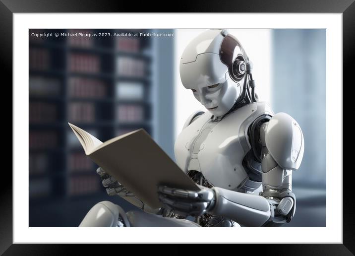 An AI Robot reading a book created with generative AI technology Framed Mounted Print by Michael Piepgras