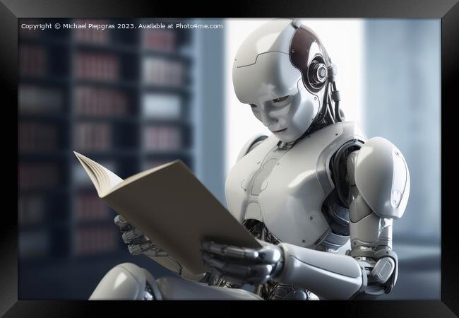 An AI Robot reading a book created with generative AI technology Framed Print by Michael Piepgras