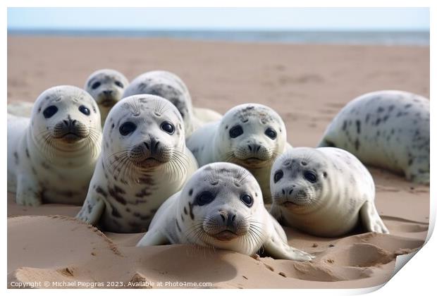 Baby seals on the beach created with generative AI technology. Print by Michael Piepgras