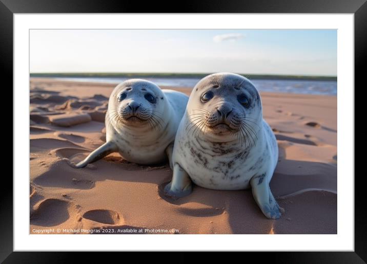 Baby seals on the beach created with generative AI technology. Framed Mounted Print by Michael Piepgras