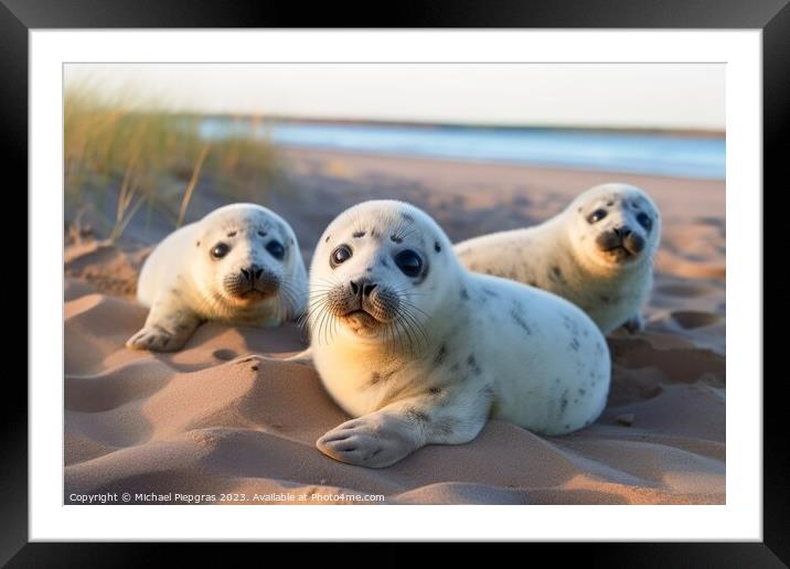Baby seals on the beach created with generative AI technology. Framed Mounted Print by Michael Piepgras
