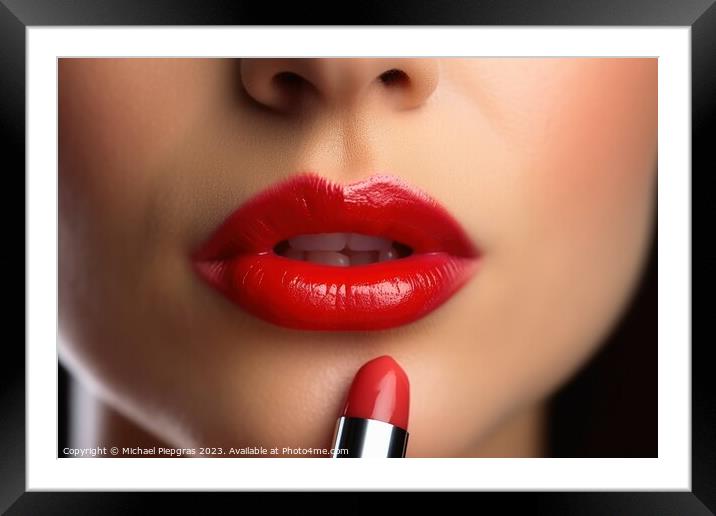 Close up of putting red lipestick to woman lips created with gen Framed Mounted Print by Michael Piepgras