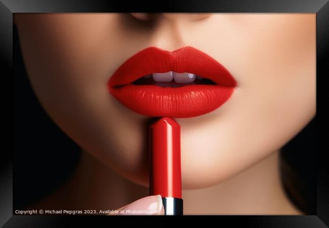 Close up of putting red lipestick to woman lips created with gen Framed Print by Michael Piepgras