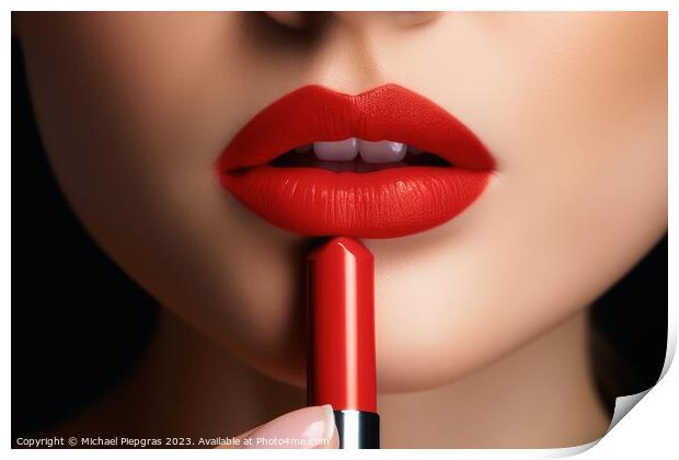 Close up of putting red lipestick to woman lips created with gen Print by Michael Piepgras