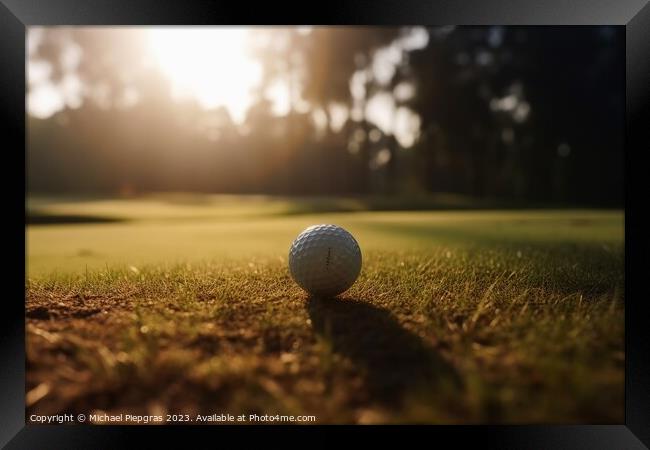 Close-up of a golf ball on the green created with generative AI  Framed Print by Michael Piepgras