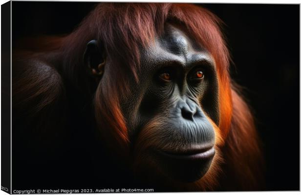 Close up view of an orang utan against a dark background created Canvas Print by Michael Piepgras